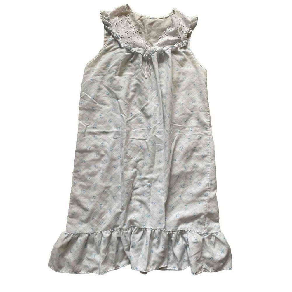 Vintage Night Gown Dress Nightgown Blue White Floral Large  Mid Length Lace